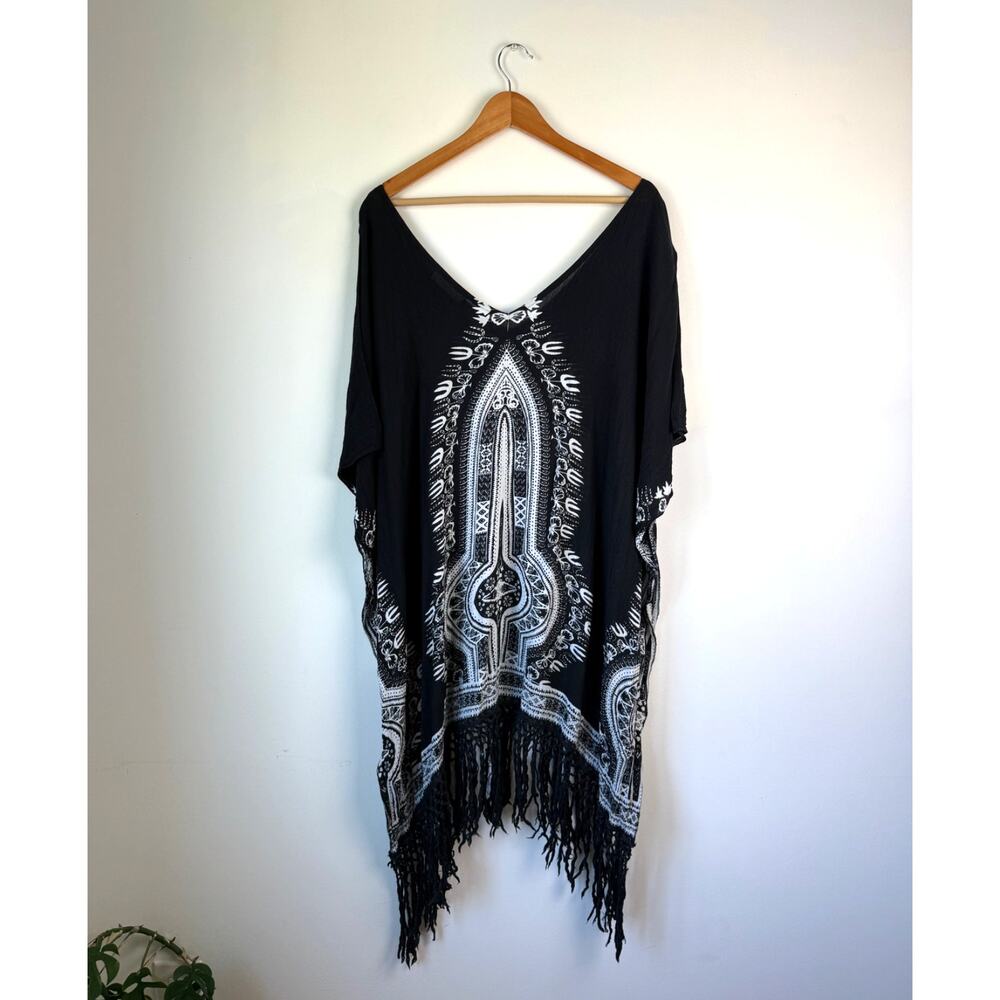 Free People Band of Gypsies Beach Fringe Kaftan Black White Southwest Oversized